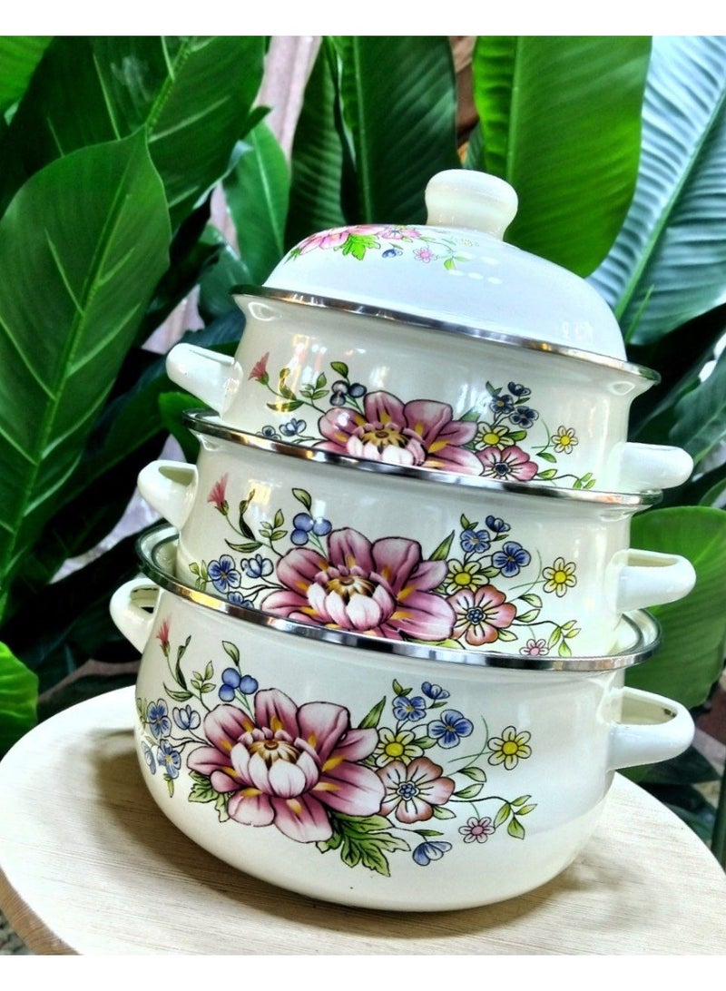 Floral Enamel Cooking Pot Set – 3 Pieces with Lid – Heat Resistant Kitchen Cookware - Image 2